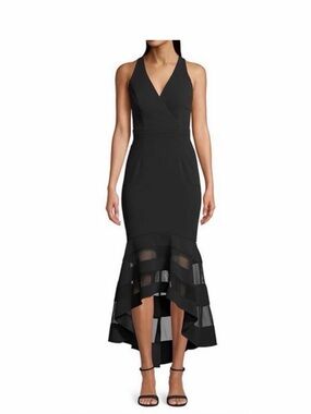 Xscape Black Sleeveless V-Neck Hi-Low Sheer-Panel Dress